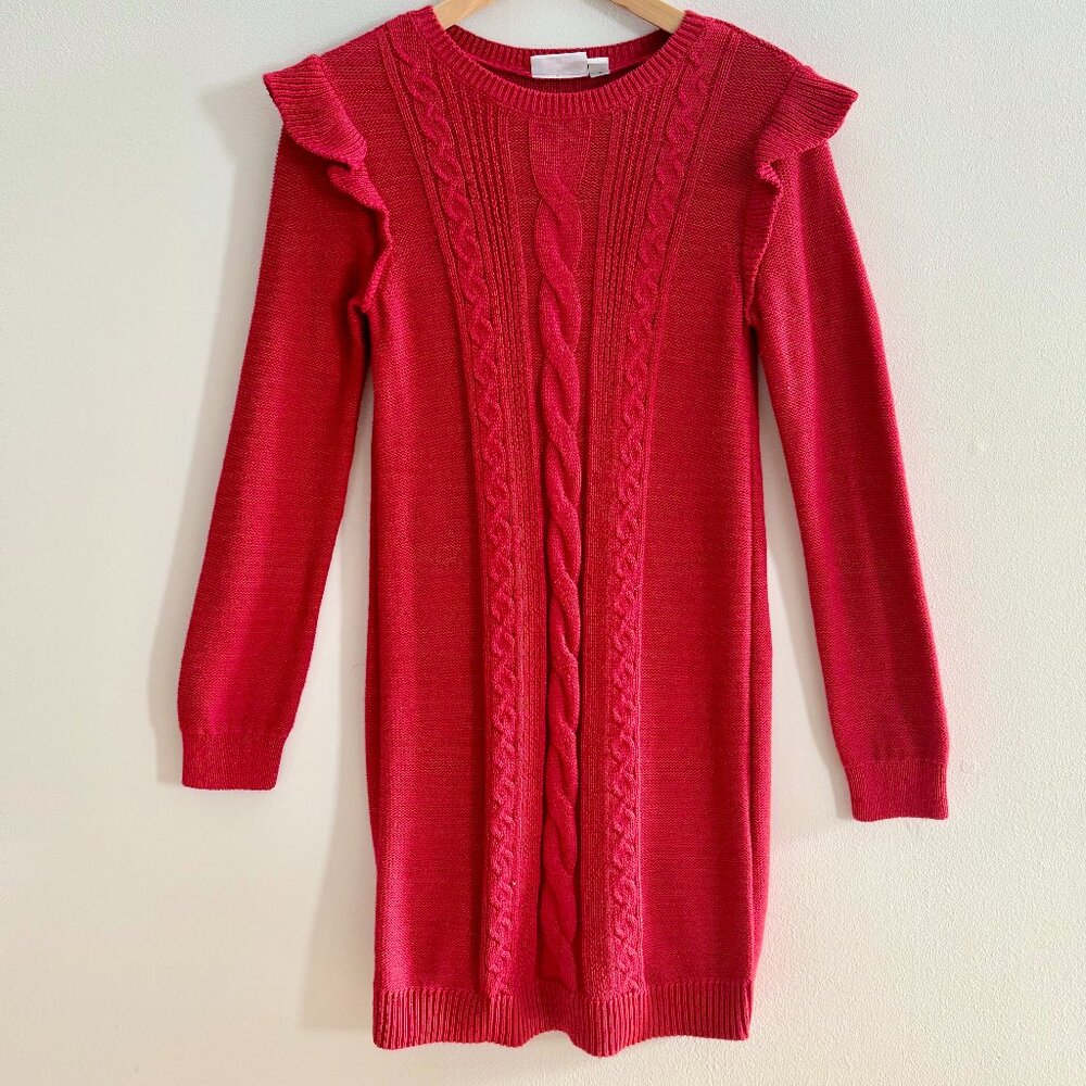 The Children’s Place Girls Cable Knit Ruffle Sweater Dress, Classic Red, XXL(16)